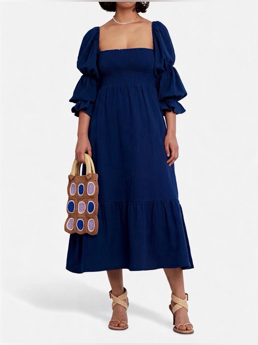 Smocked Square-Neck Midi Dress in Navy